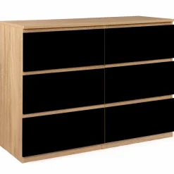 IDMarket Commode 6 tiroirs noire et bois façon hêtre 110x80cm* Meubles Tiroirs|Collection Design