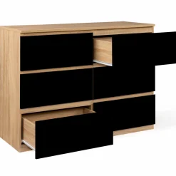 IDMarket Commode 6 tiroirs noire et bois façon hêtre 110x80cm* Meubles Tiroirs|Collection Design