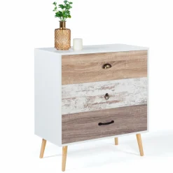 IDMarket Commode blanche 3 tiroirs effet bois vieilli* Meubles Tiroirs|Meubles Bas