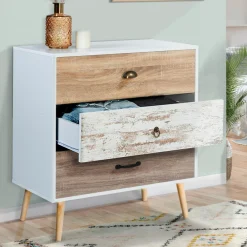 IDMarket Commode blanche 3 tiroirs effet bois vieilli* Meubles Tiroirs|Meubles Bas