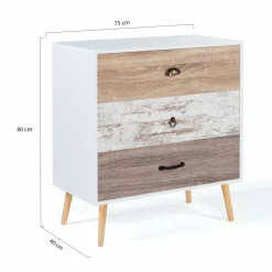 IDMarket Commode blanche 3 tiroirs effet bois vieilli* Meubles Tiroirs|Meubles Bas