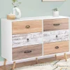 IDMarket Commode blanche 6 tiroirs effet bois vieilli* Meubles Tiroirs|Collection Scandinave