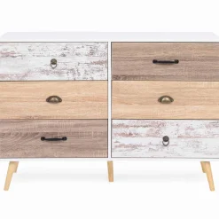 IDMarket Commode blanche 6 tiroirs effet bois vieilli* Meubles Tiroirs|Collection Scandinave