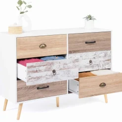 IDMarket Commode blanche 6 tiroirs effet bois vieilli* Meubles Tiroirs|Collection Scandinave