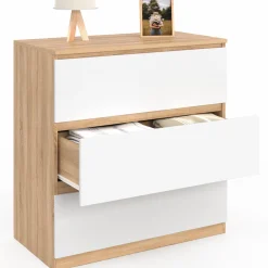 IDMarket Commode bois façon hêtre et blanc 3 tiroirs 78 cm* Meubles En Bois|Collection Agencement Magasin