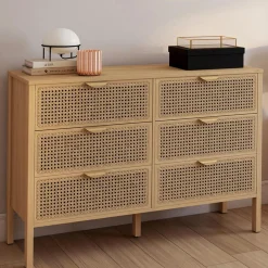 IDMarket Commode cannage coloris bois avec 6 tiroirs* Meubles Tiroirs|Meubles Bas