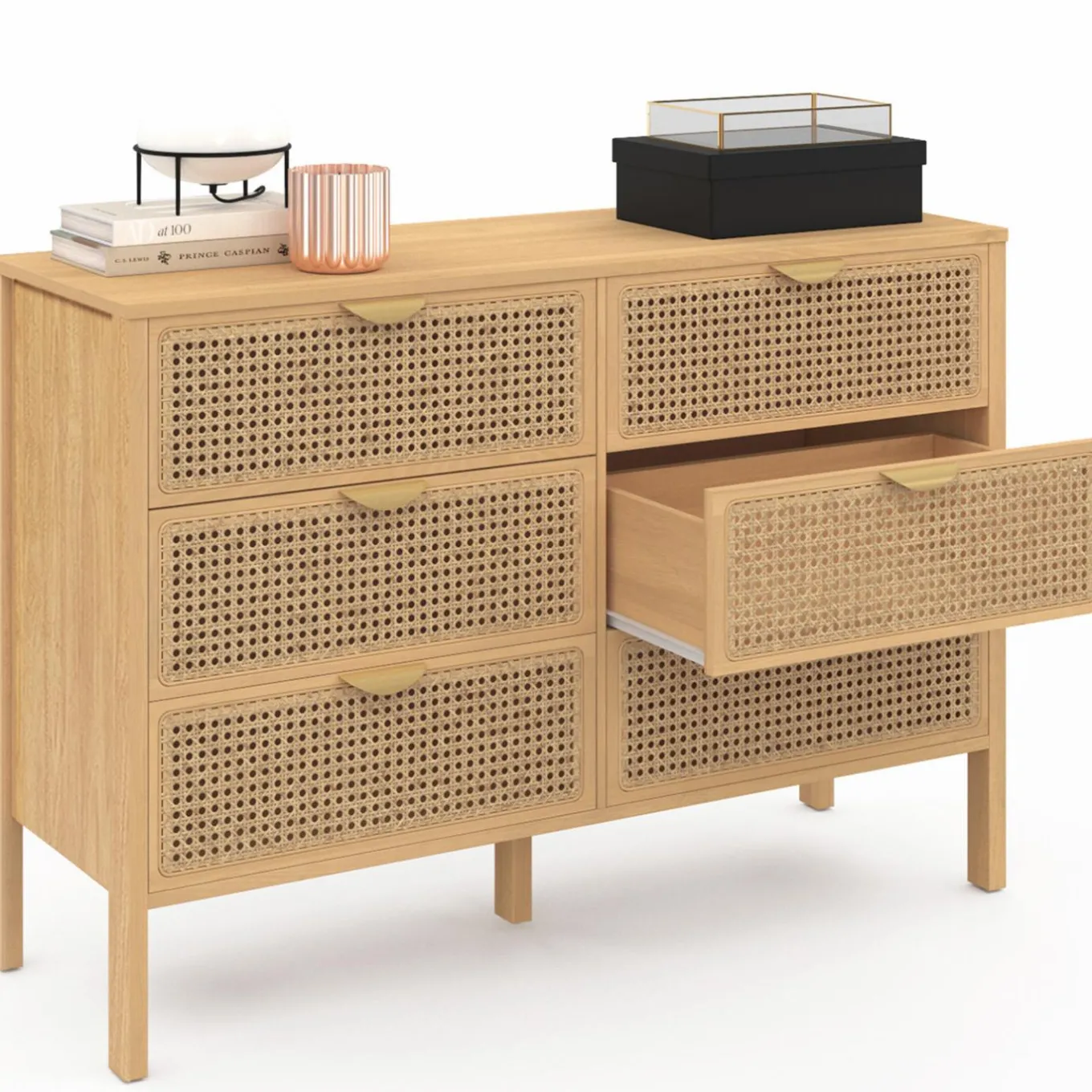 IDMarket Commode cannage coloris bois avec 6 tiroirs* Meubles Tiroirs|Meubles Bas