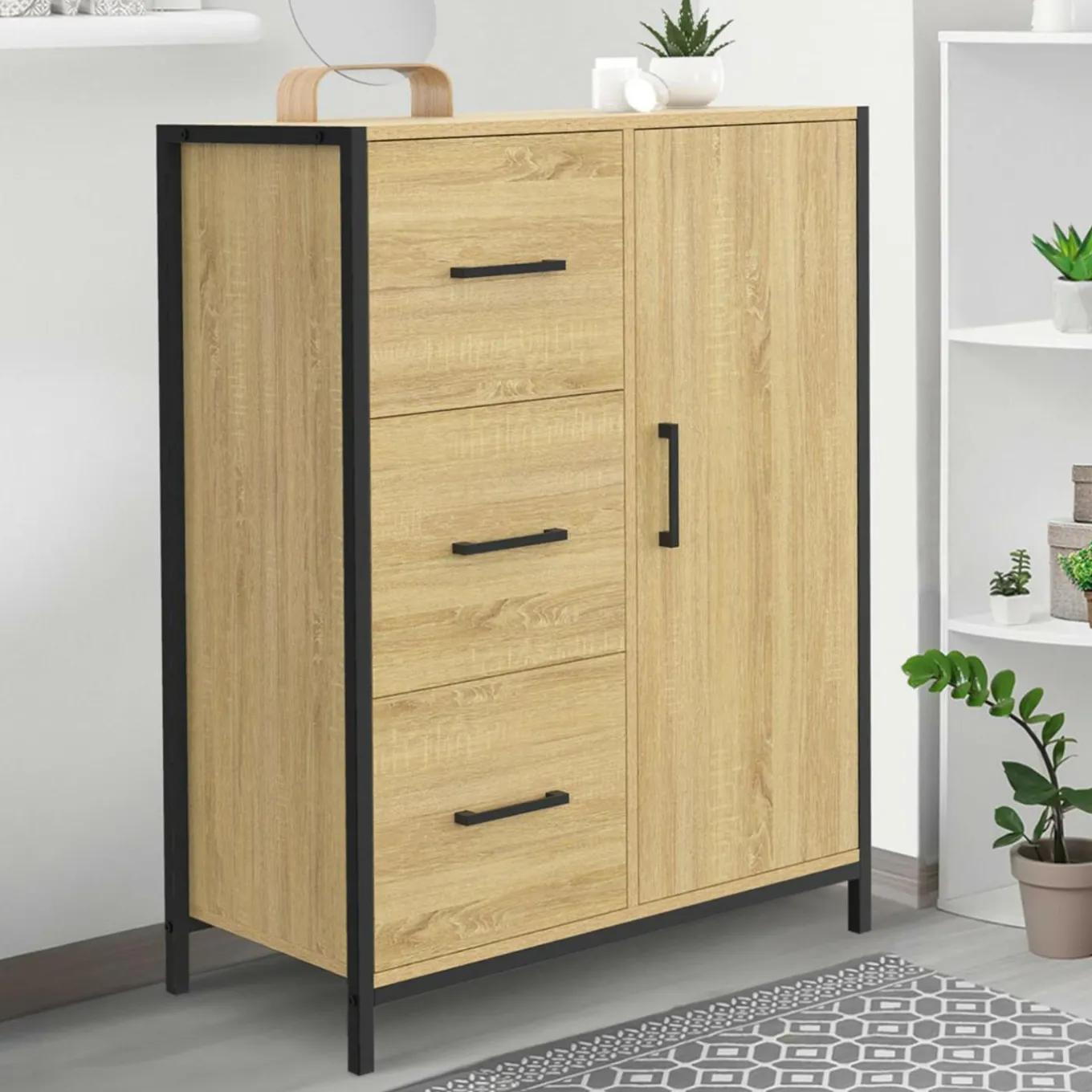 IDMarket Commode de rangement salle de bain design industriel 3 tiroirs 1 placard* Meubles Salle De Bain