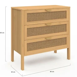 IDMarket Commode en bois 3 tiroirs cannage 80 cm* Meubles Tiroirs|Meubles Bas