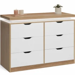 IDMarket Commode LED blanche et plateau bois 6 tiroirs* Meubles Tiroirs|Meubles Bas