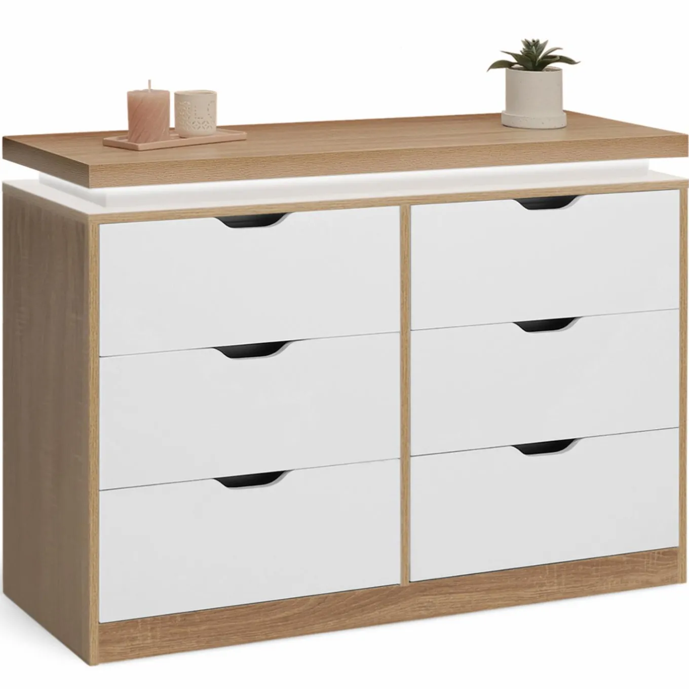 IDMarket Commode LED blanche et plateau bois 6 tiroirs* Meubles Tiroirs|Meubles Bas