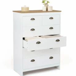 IDMarket Commode style campagne chic 6 tiroirs blanche et bois* Meubles Tiroirs|Meubles Bas