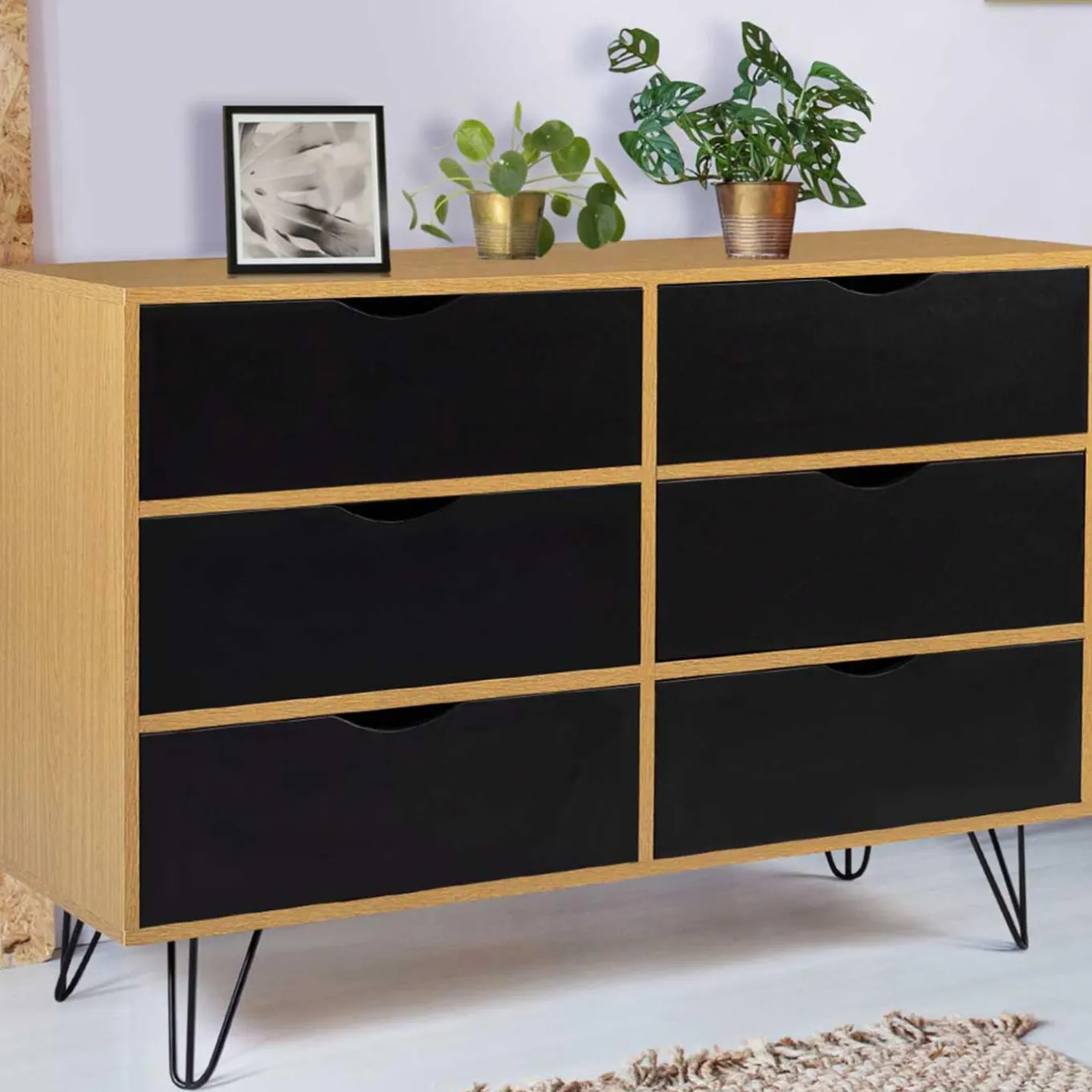 IDMarket Commode vintage 6 tiroirs bois et noir* Meubles Tiroirs|Meubles Bas