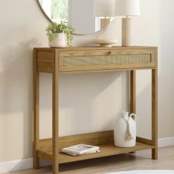 IDMarket Console 1 tiroir effet naturel cannage* Meubles Tiroirs|Collection Cannage