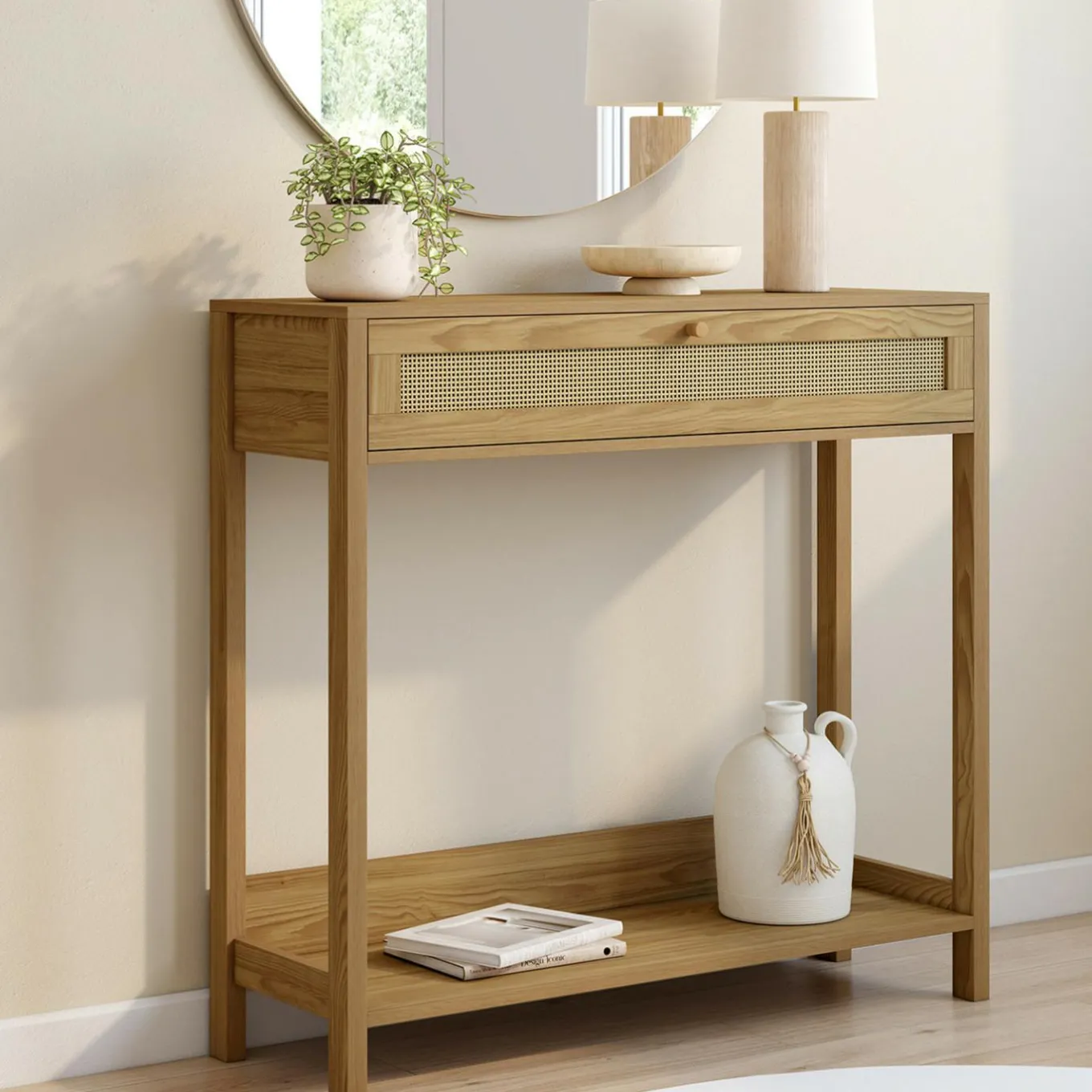 IDMarket Console 1 tiroir effet naturel cannage* Meubles Tiroirs|Collection Cannage