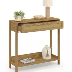 IDMarket Console 1 tiroir effet naturel cannage* Meubles Tiroirs|Collection Cannage