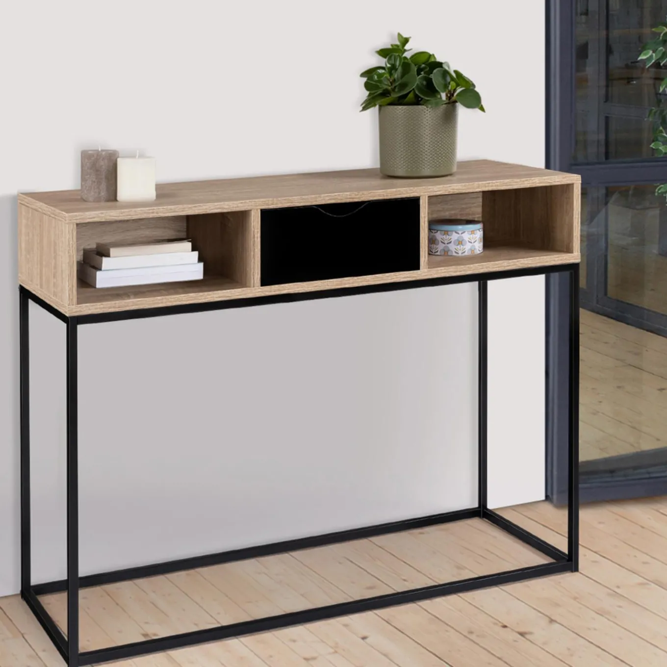 IDMarket Console 1 tiroir noir avec rangements design industriel* Meubles Tiroirs|Collection Industrielle