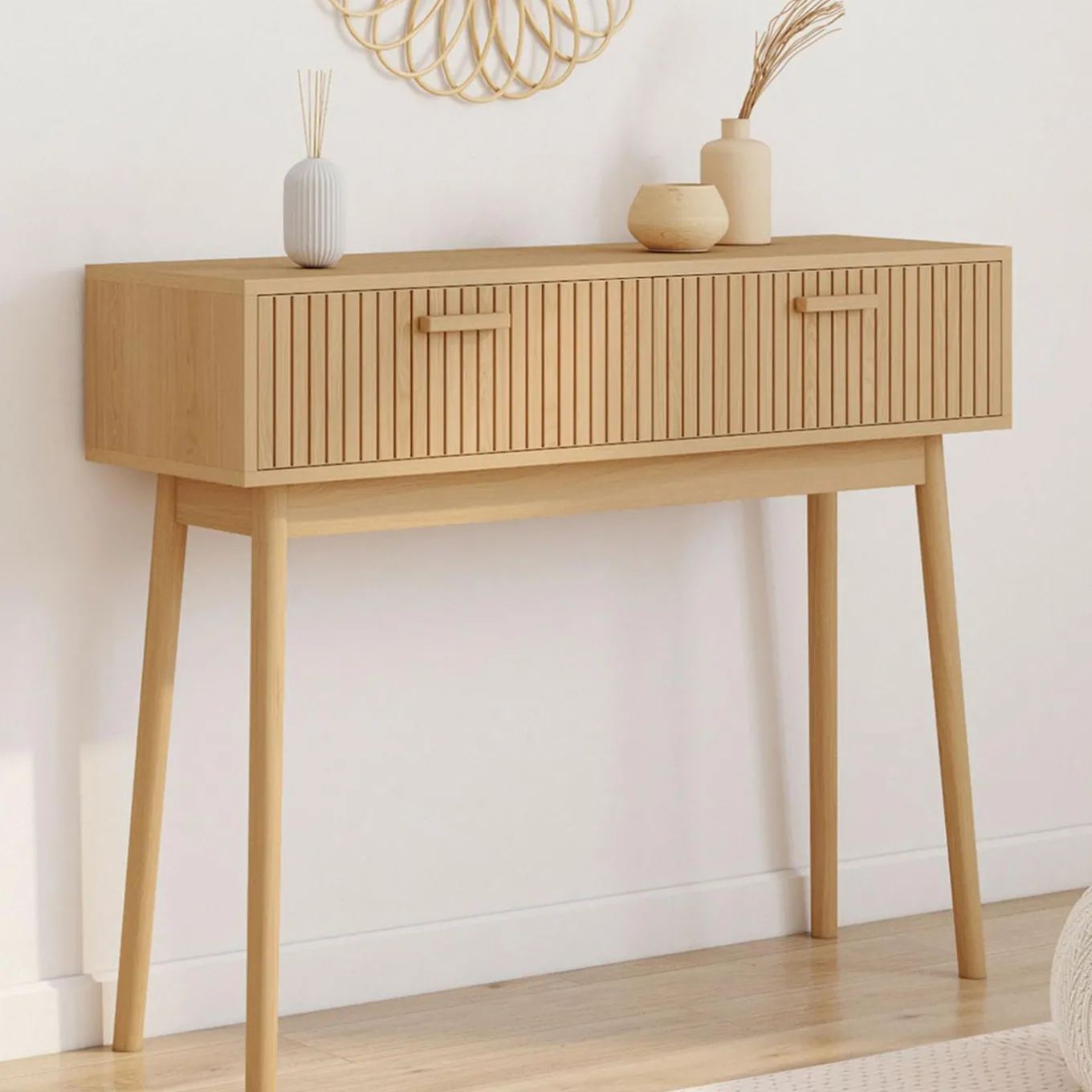 IDMarket Console 2 tiroirs JULIETTE lattes tasseau bois coloris chêne* Meubles Tiroirs|Meubles En Bois