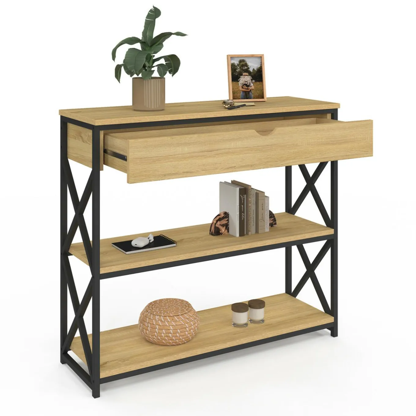 IDMarket Console bois et métal 1 tiroir 2 étagères design industriel* Meubles Tiroirs|Petits Meubles