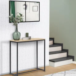 IDMarket Console bois et métal noir avec miroir 2 bandes design industriel* Meubles En Bois|Collection Agencement Magasin