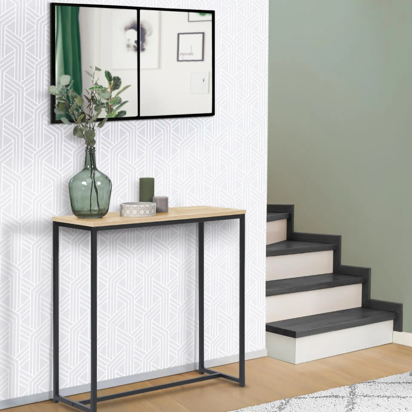 IDMarket Console bois et métal noir avec miroir 2 bandes design industriel* Meubles En Bois|Collection Agencement Magasin