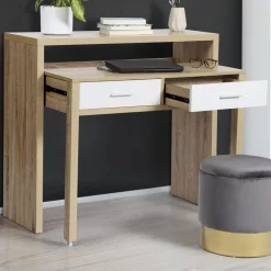 IDMarket Console bureau extensible blanc et imitation hêtre* Meubles Bas|Meubles En Bois