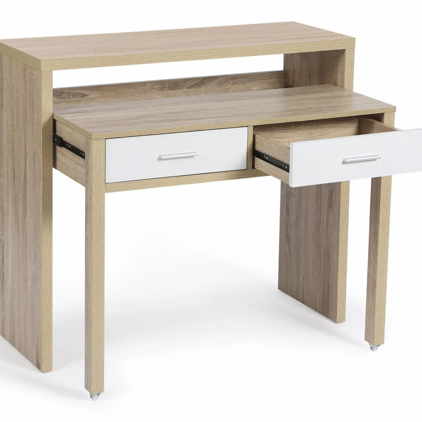 IDMarket Console bureau extensible blanc et imitation hêtre* Meubles Bas|Meubles En Bois