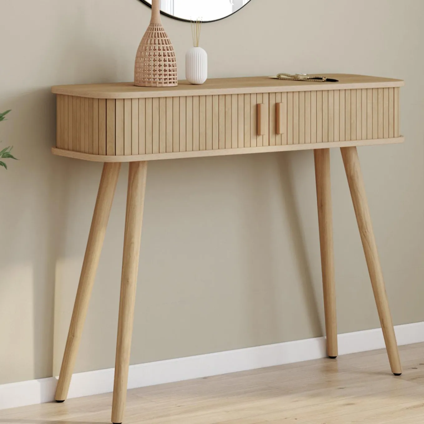 IDMarket Console d’entrée bois 2 portes coulissantes effet lattes* Meubles En Bois|Collection Vintage