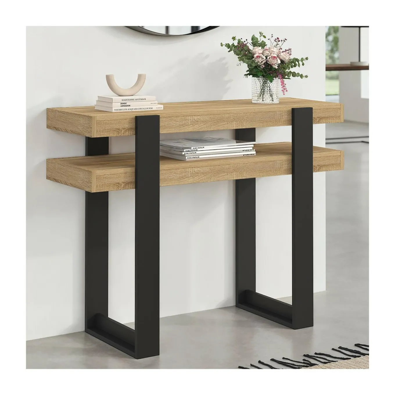 IDMarket Console double bois et noir* Meubles Bas|Meubles Noirs