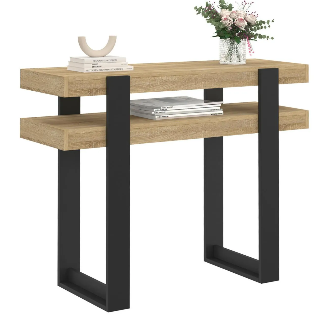 IDMarket Console double bois et noir* Meubles Bas|Meubles Noirs