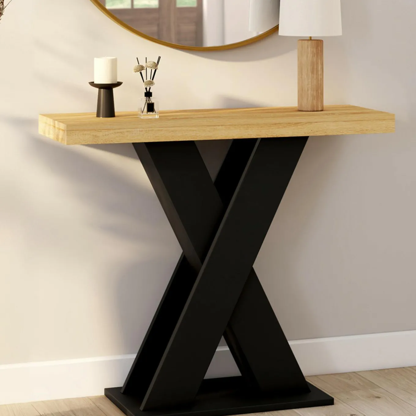 IDMarket Console plateau bois et pied X noir* Consoles|Bureaux Consoles