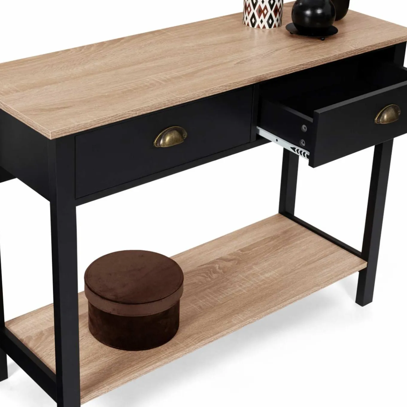 IDMarket Console style campagne chic 2 tiroirs bois et noir* Meubles Tiroirs|Collection Contemporaine