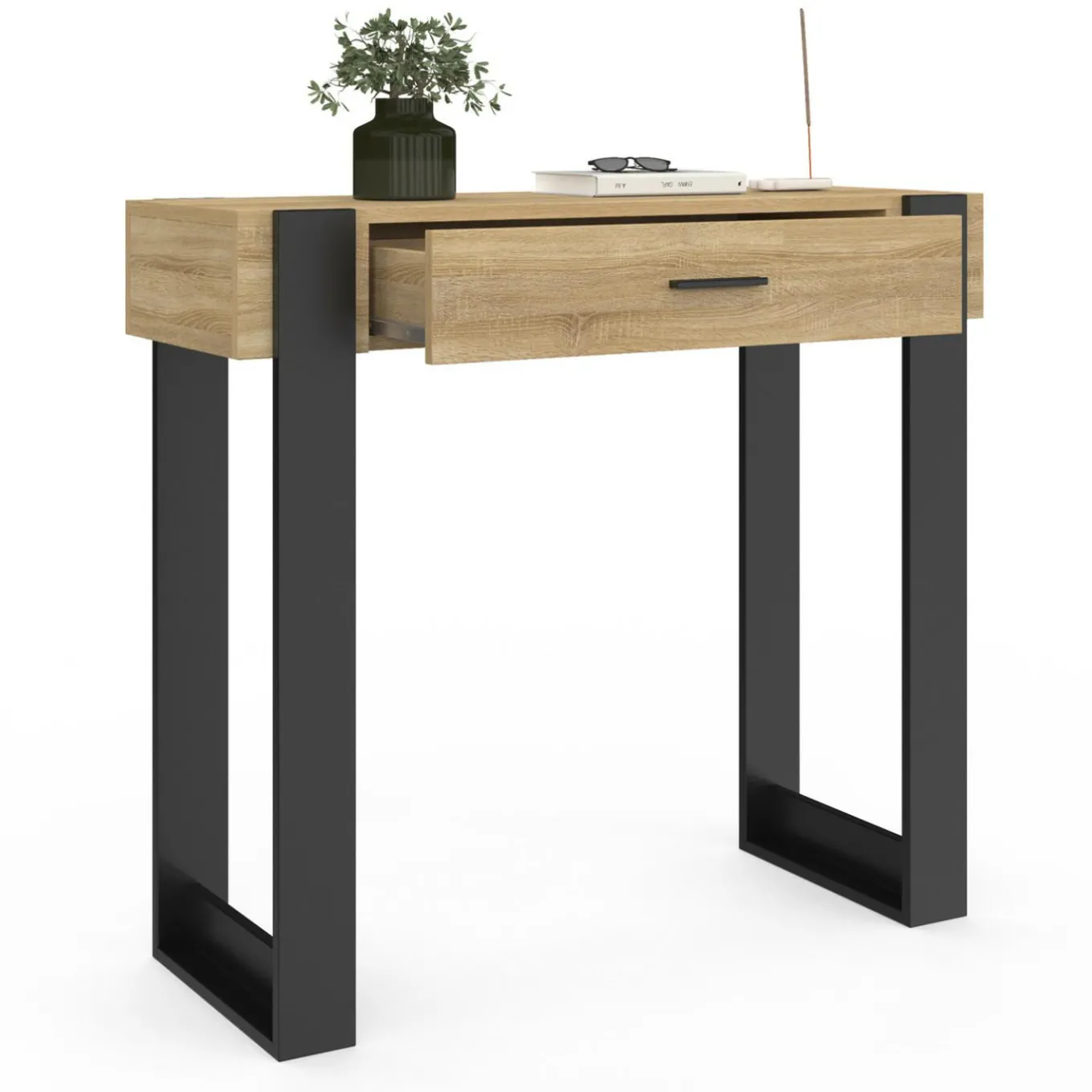 IDMarket Console style moderne bois et noir 90 cm avec tiroir* Meubles Tiroirs|Meubles Bas