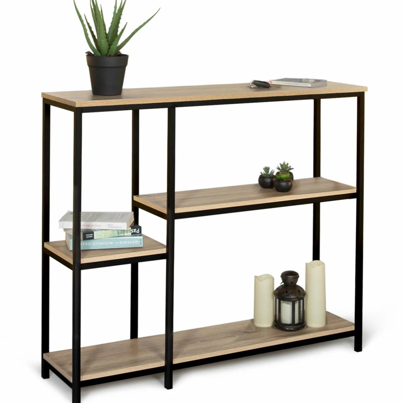 IDMarket Console étagère bibliothèque style industriel bois et métal* Collection Agencement Magasin|Collection Télétravail