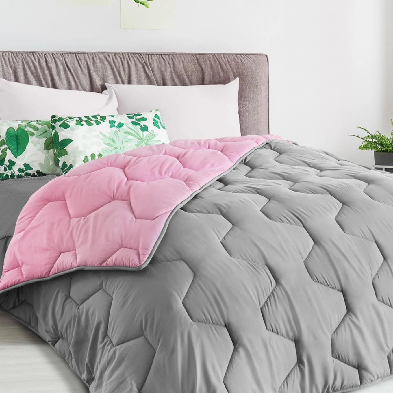 IDMarket Couette bicolore 220x240 rose et grise* Couettes Et Oreillers|Chambre Complète Adulte