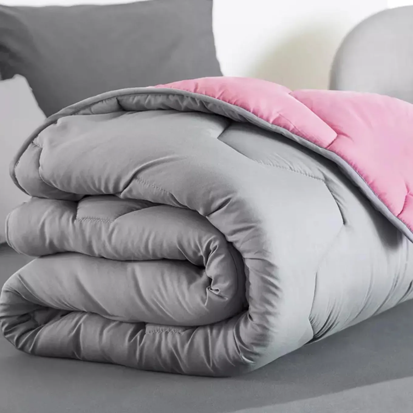 IDMarket Couette bicolore 220x240 rose et grise* Couettes Et Oreillers|Chambre Complète Adulte