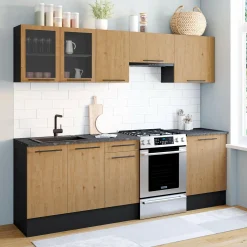 IDMarket Cuisine complète 240 cm 7 éléments bois avec vitrine et plan de travail noir* Meubles Hauts|Meubles Bas
