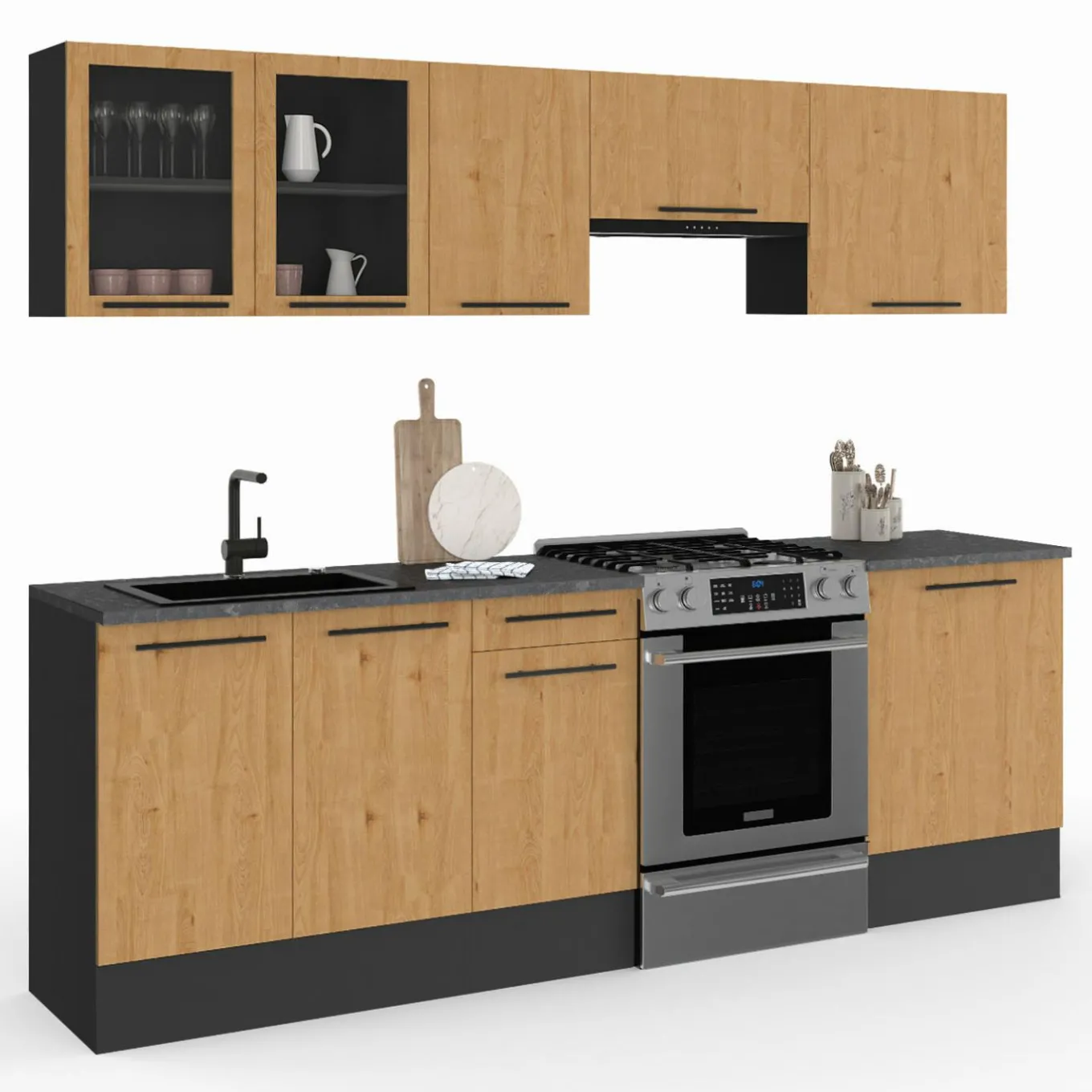 IDMarket Cuisine complète 240 cm 7 éléments bois avec vitrine et plan de travail noir* Meubles Hauts|Meubles Bas