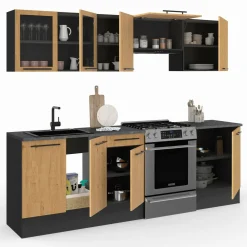 IDMarket Cuisine complète 240 cm 7 éléments bois avec vitrine et plan de travail noir* Meubles Hauts|Meubles Bas