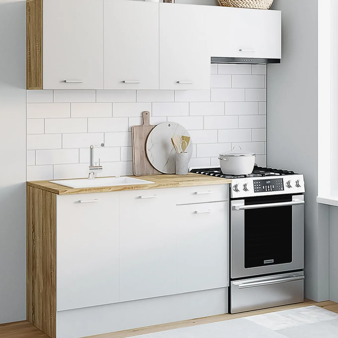 IDMarket Cuisine complète 180 cm avec plan de travail bois et blanc* Meubles Hauts|Meubles Bas