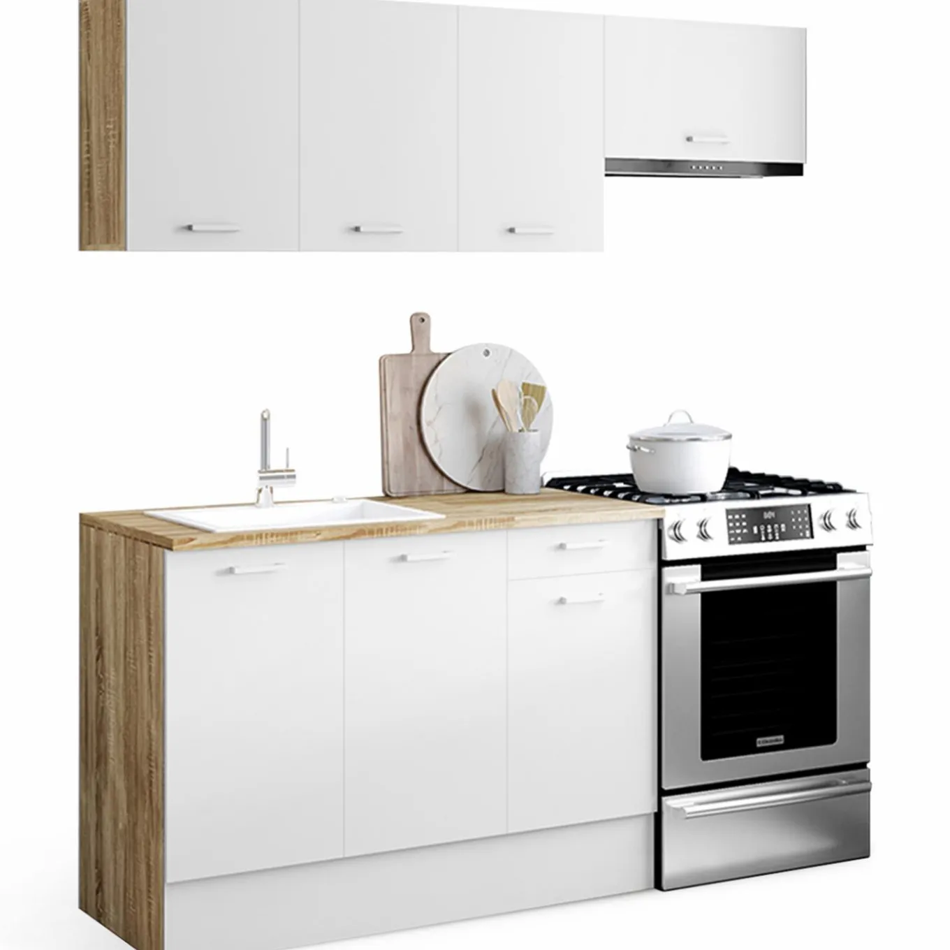 IDMarket Cuisine complète 180 cm avec plan de travail bois et blanc* Meubles Hauts|Meubles Bas