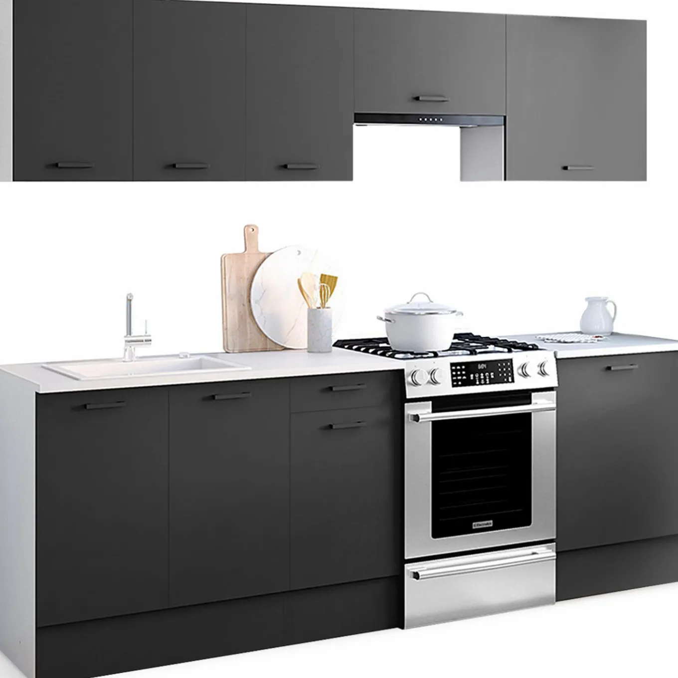 IDMarket Cuisine complète 240 cm avec plan de travail blanc et gris* Meubles Hauts|Meubles Bas