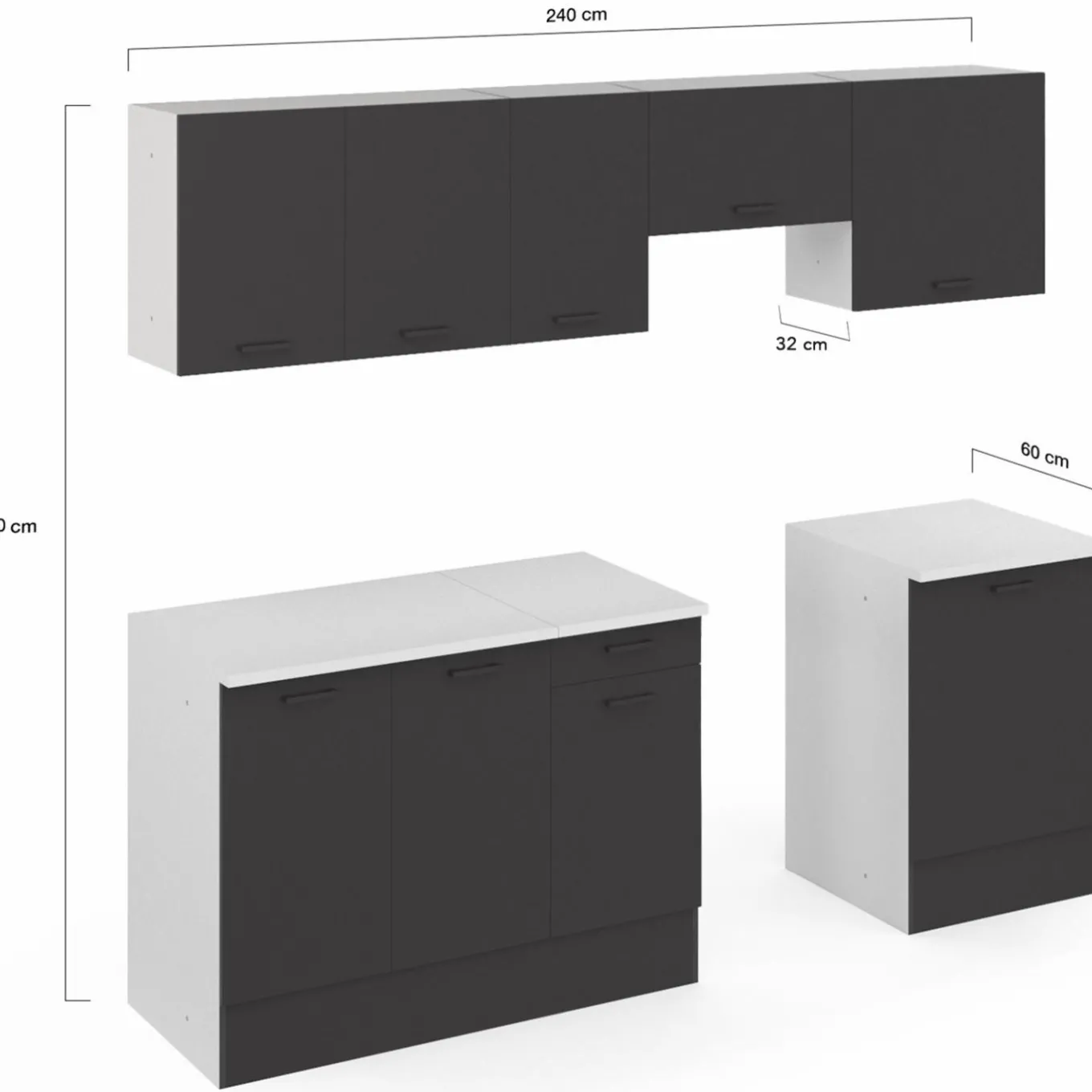 IDMarket Cuisine complète 240 cm avec plan de travail blanc et gris* Meubles Hauts|Meubles Bas