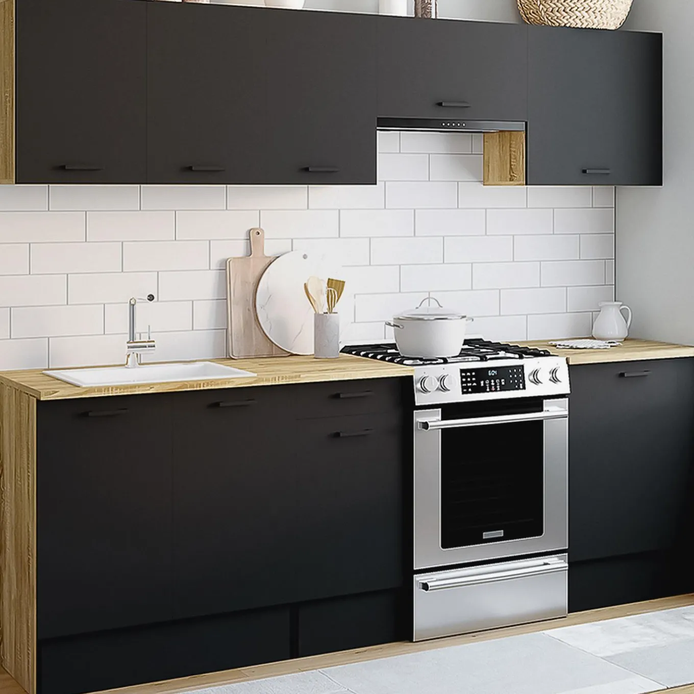 IDMarket Cuisine complète 240 cm avec plan de travail bois et noir* Meubles Hauts|Meubles Bas
