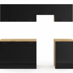IDMarket Cuisine complète 240 cm avec plan de travail bois et noir* Meubles Hauts|Meubles Bas