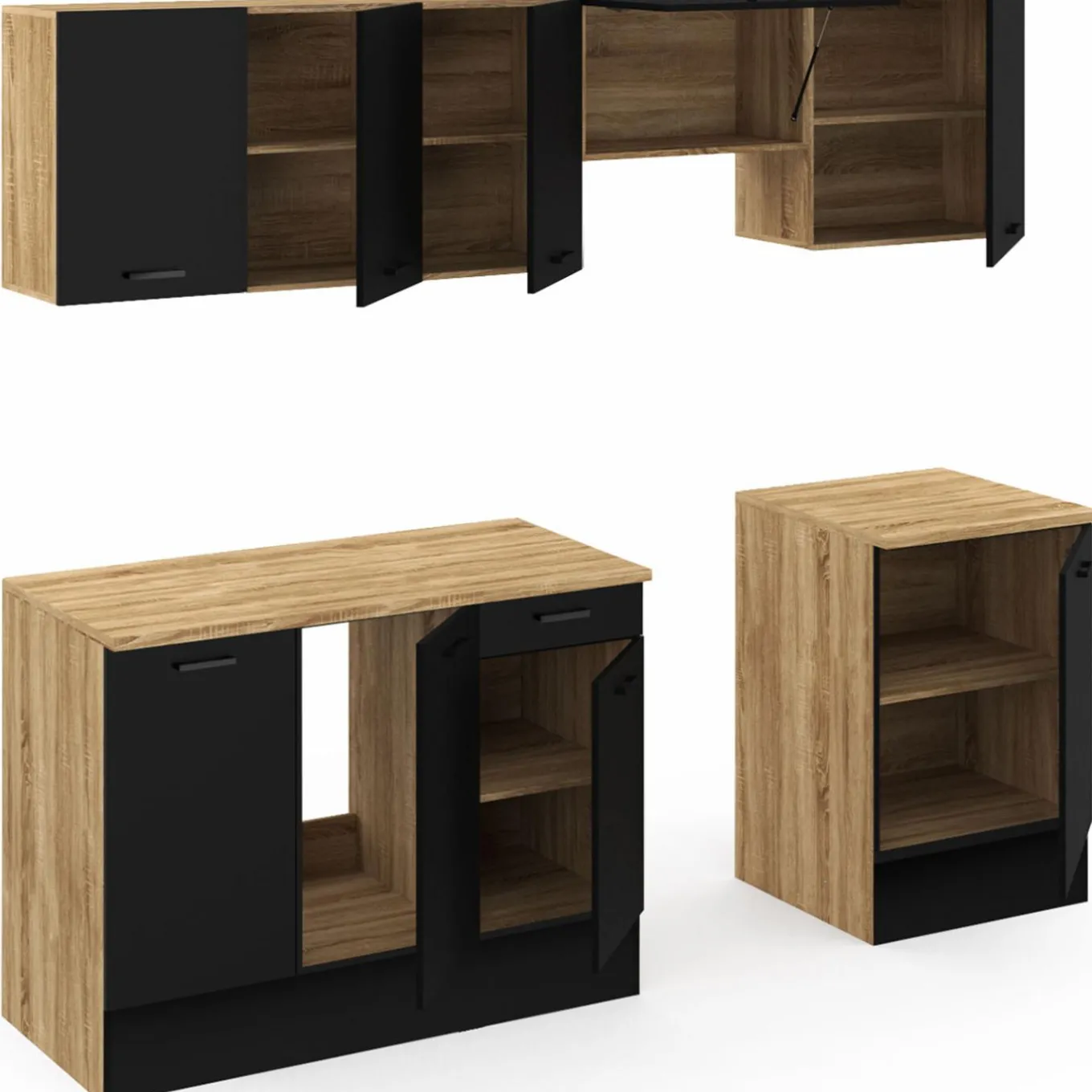 IDMarket Cuisine complète 240 cm avec plan de travail bois et noir* Meubles Hauts|Meubles Bas