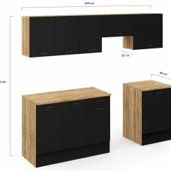 IDMarket Cuisine complète 240 cm avec plan de travail bois et noir* Meubles Hauts|Meubles Bas