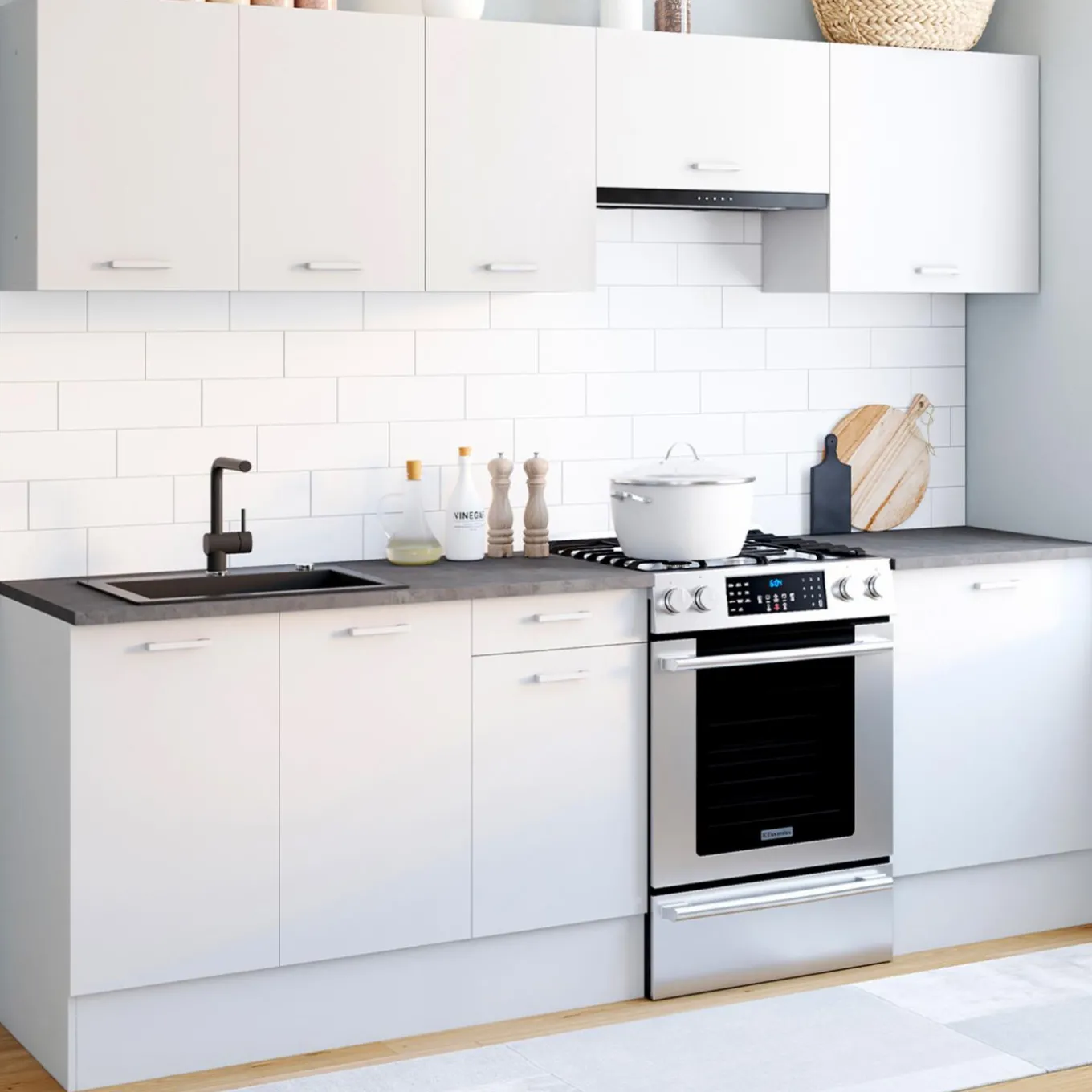 IDMarket Cuisine complète 240 cm avec plan de travail bois blanc et plateaux effet béton* Meubles Hauts|Meubles Bas