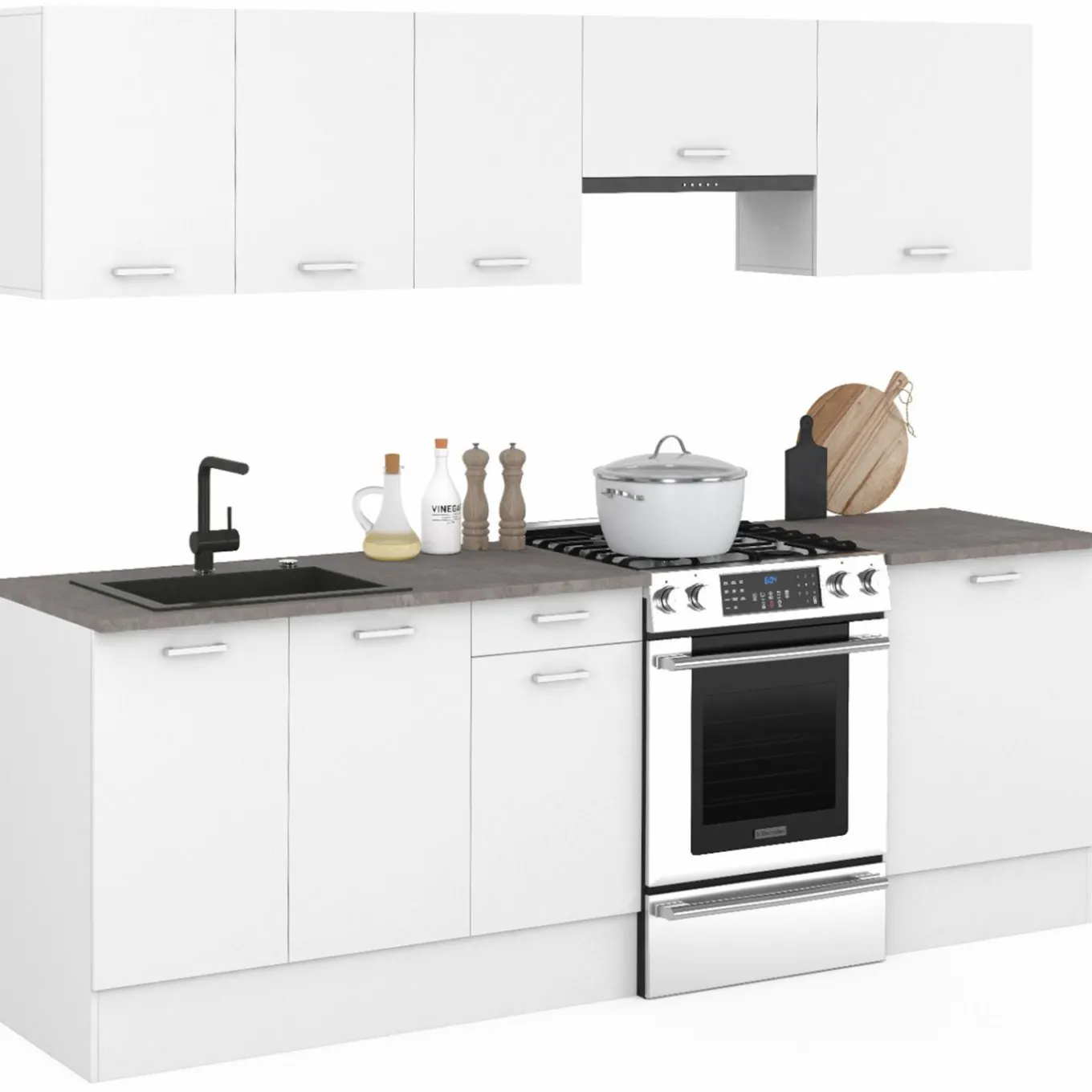 IDMarket Cuisine complète 240 cm avec plan de travail bois blanc et plateaux effet béton* Meubles Hauts|Meubles Bas