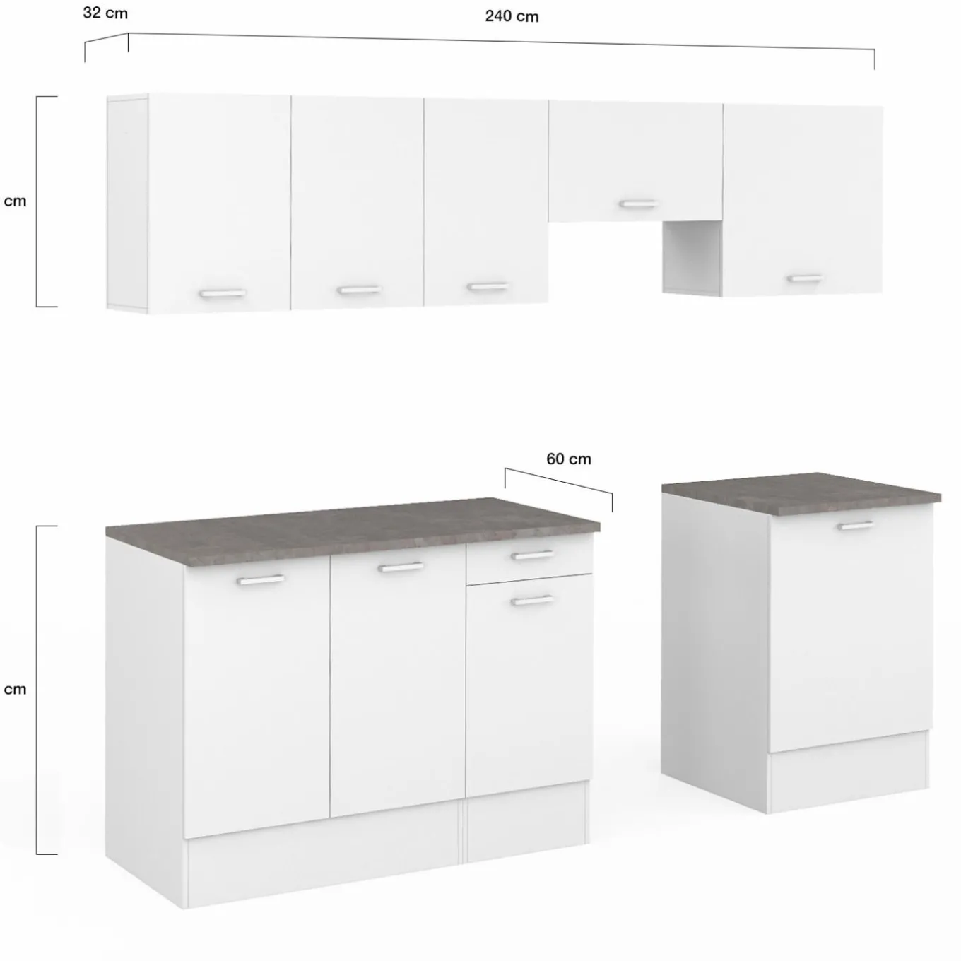 IDMarket Cuisine complète 240 cm avec plan de travail bois blanc et plateaux effet béton* Meubles Hauts|Meubles Bas